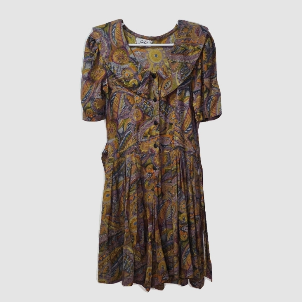 Vtg Romper Dress Tie-Back Cotton Paisley Multicolor Button Down  Cottagecore S - Picture 2 of 9